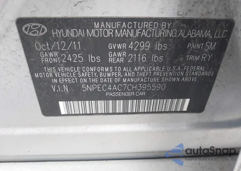 2012 Hyundai Sonata Limited z USA, uszkodzony, nr VIN 5NPEC4AC7CH395590